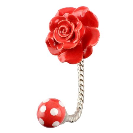 Red Flower Ceramic Wall Hook in Silver Fitting
